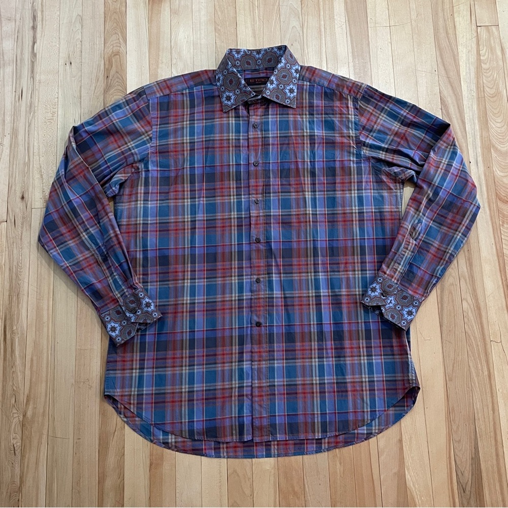 ETRO Milano Plaid & Moroccan Pattern Long Sleeve Button Up Shirt - Sz 44
